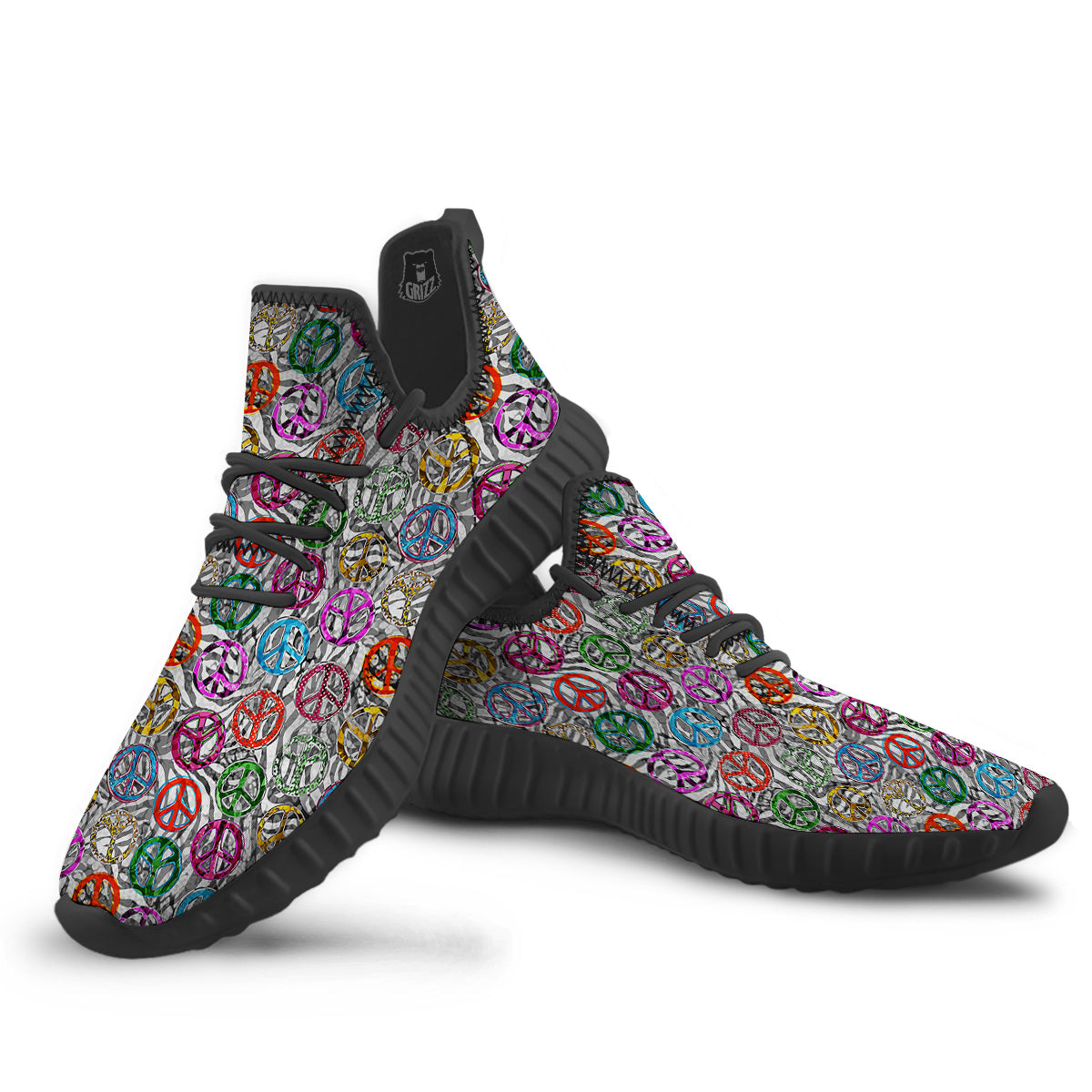 Peace Signs Zebra Print Pattern Black Walking Shoes-grizzshop