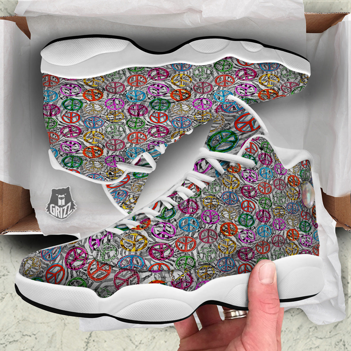 Peace Signs Zebra Print Pattern White Basketball Shoes-grizzshop