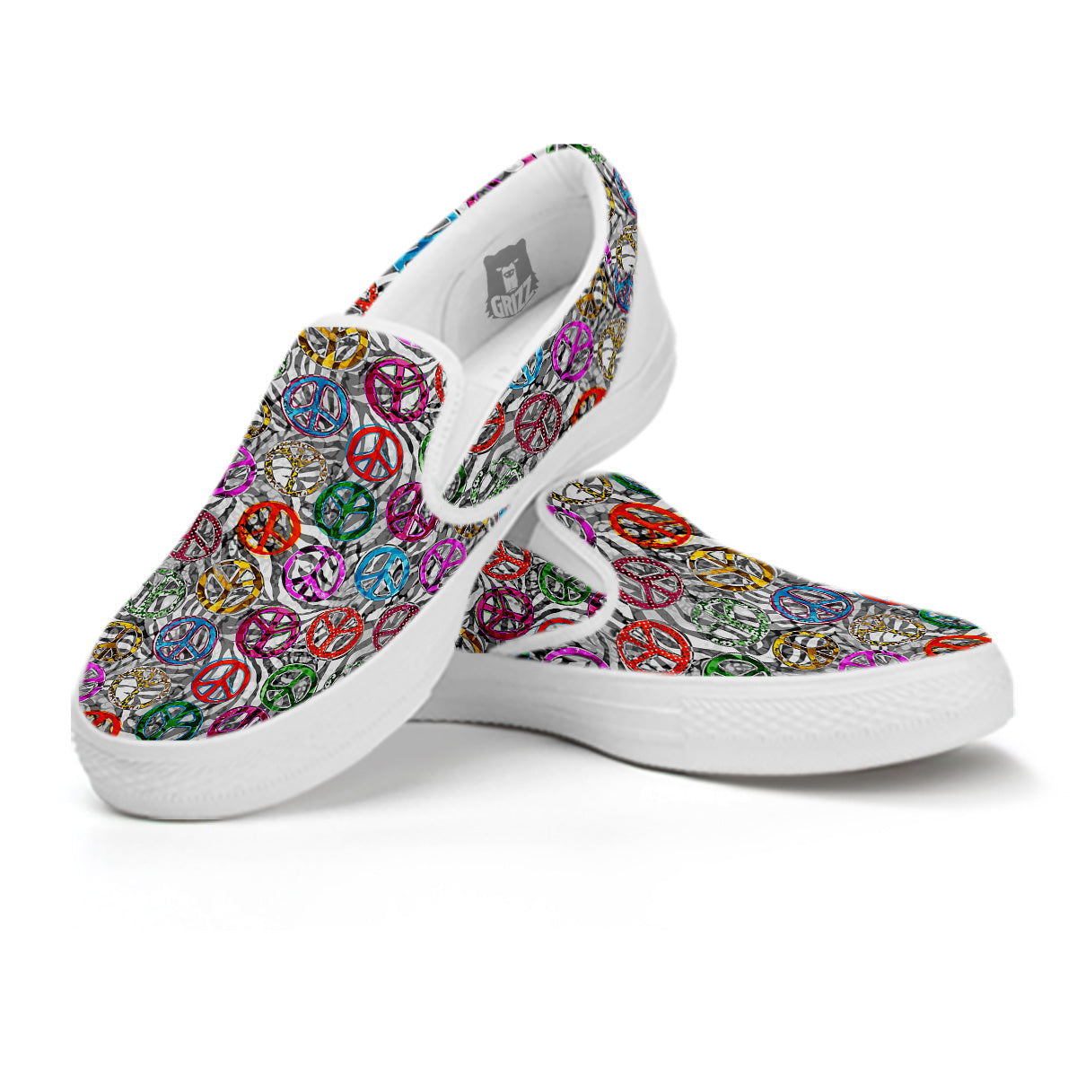 Peace Signs Zebra Print Pattern White Slip On Shoes-grizzshop