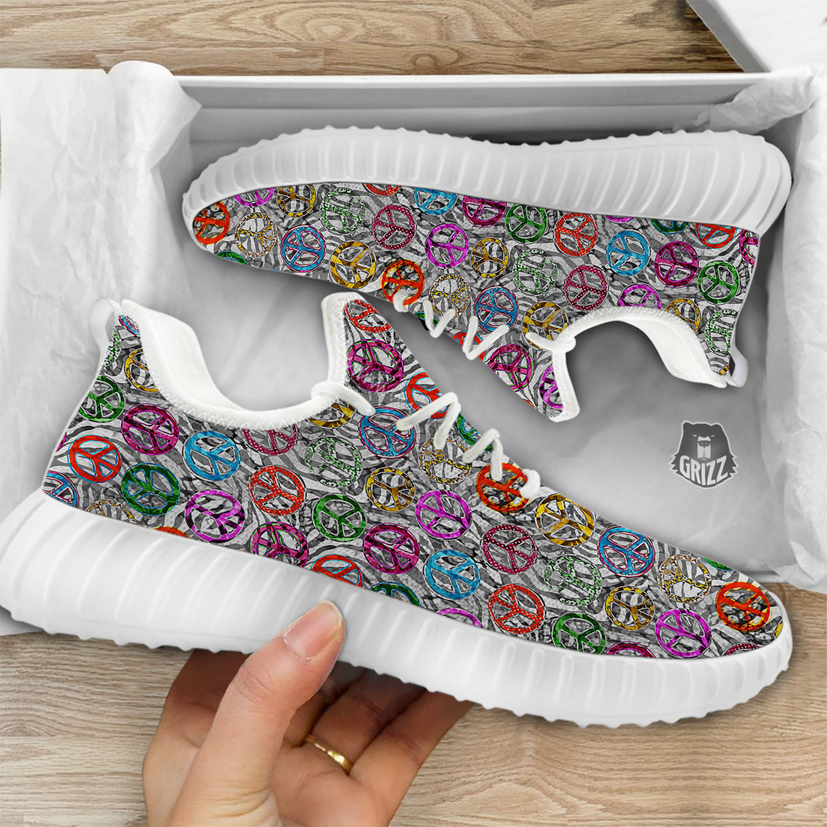 Peace Signs Zebra Print Pattern White Walking Shoes-grizzshop