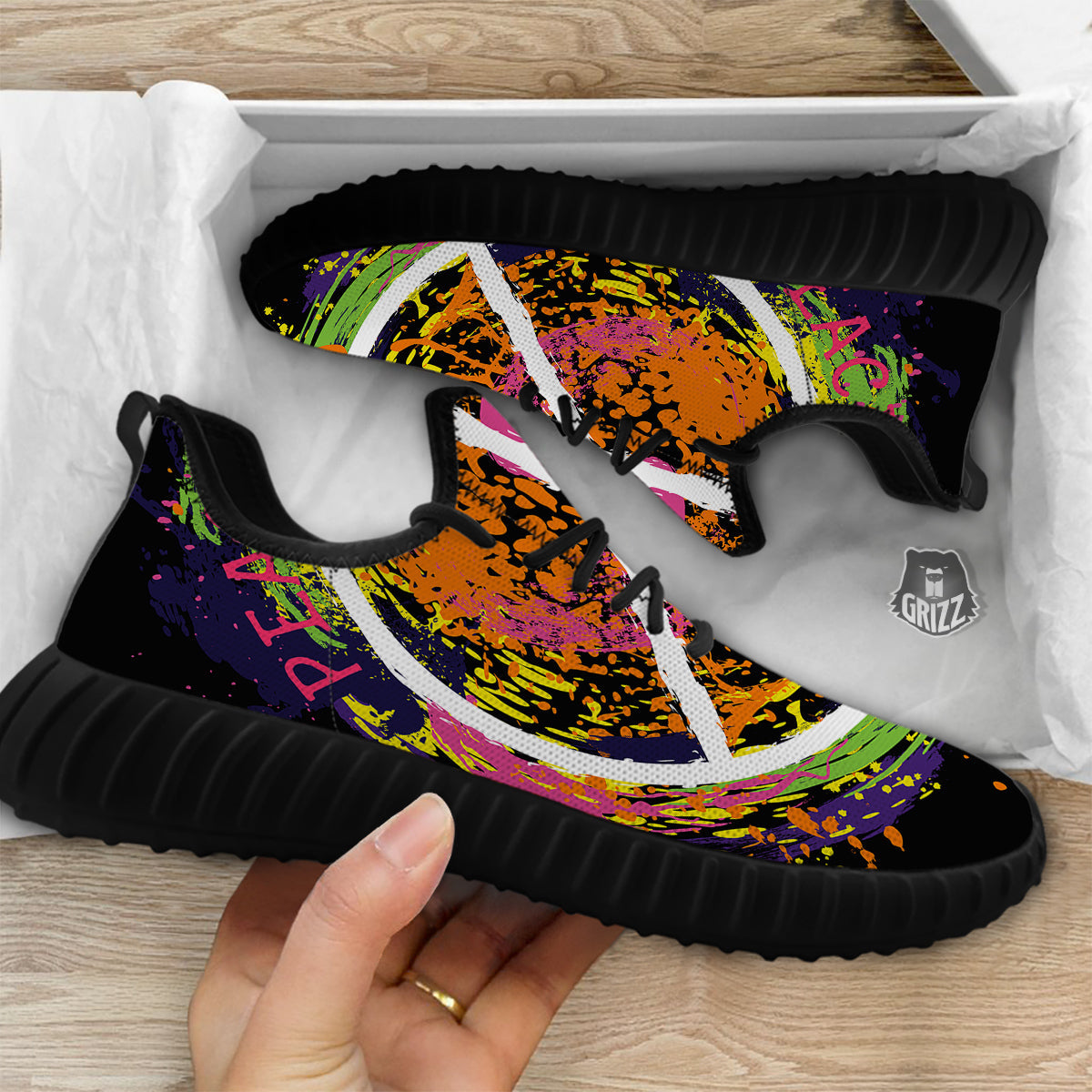 Peace Symbols Colorful Hippie Print Black Walking Shoes-grizzshop