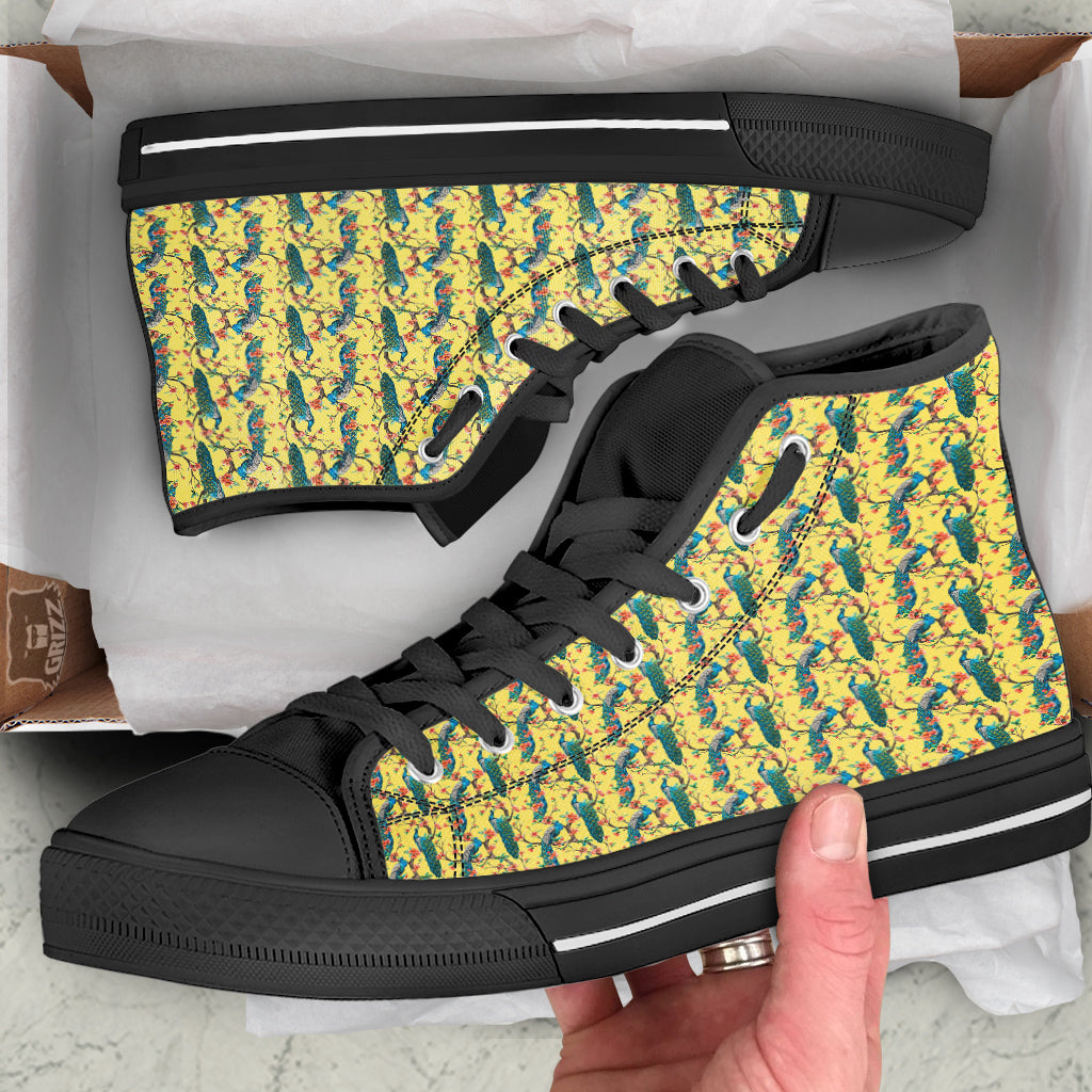 Peacock Cherry Blossom Print Black High Top Shoes-grizzshop