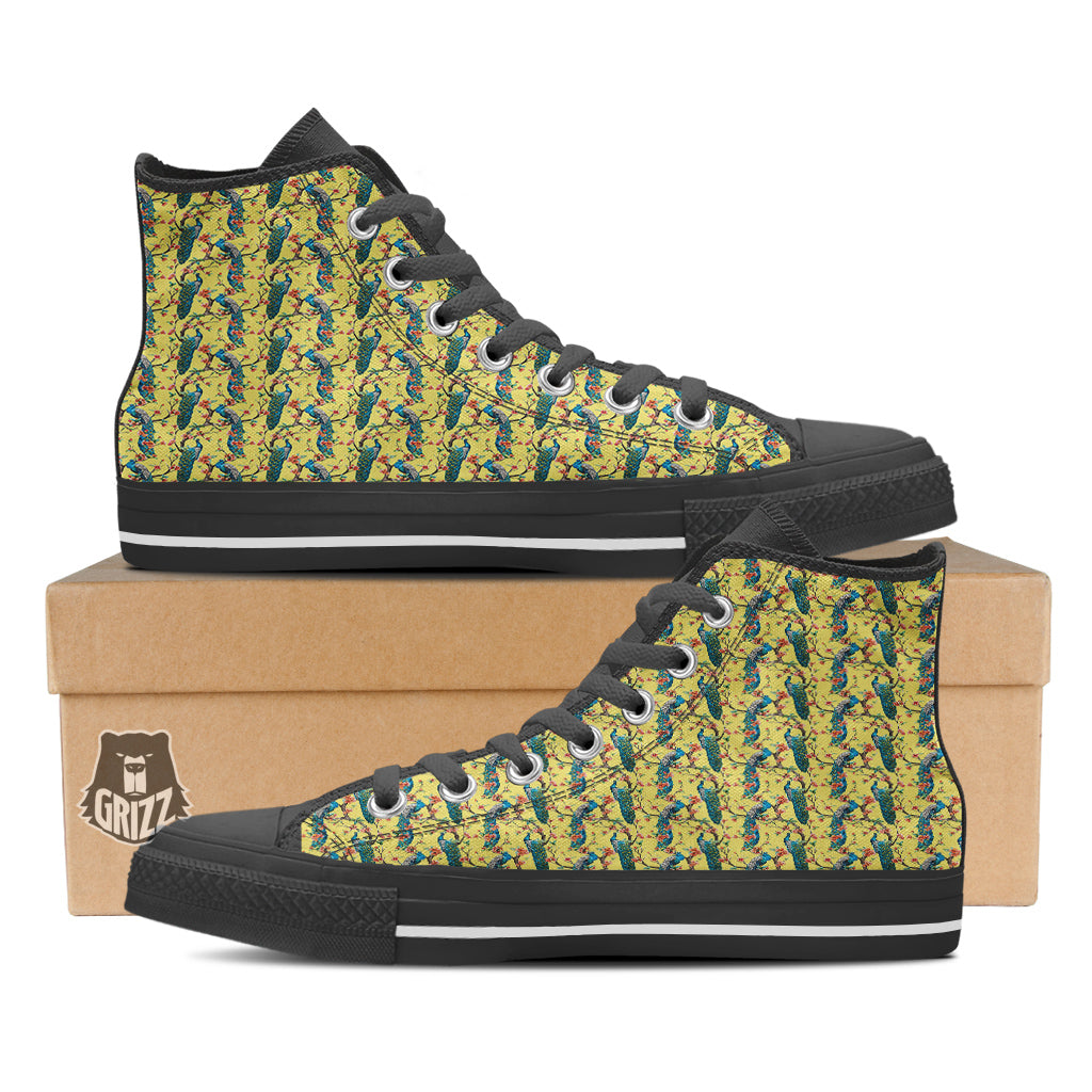 Peacock Cherry Blossom Print Black High Top Shoes-grizzshop