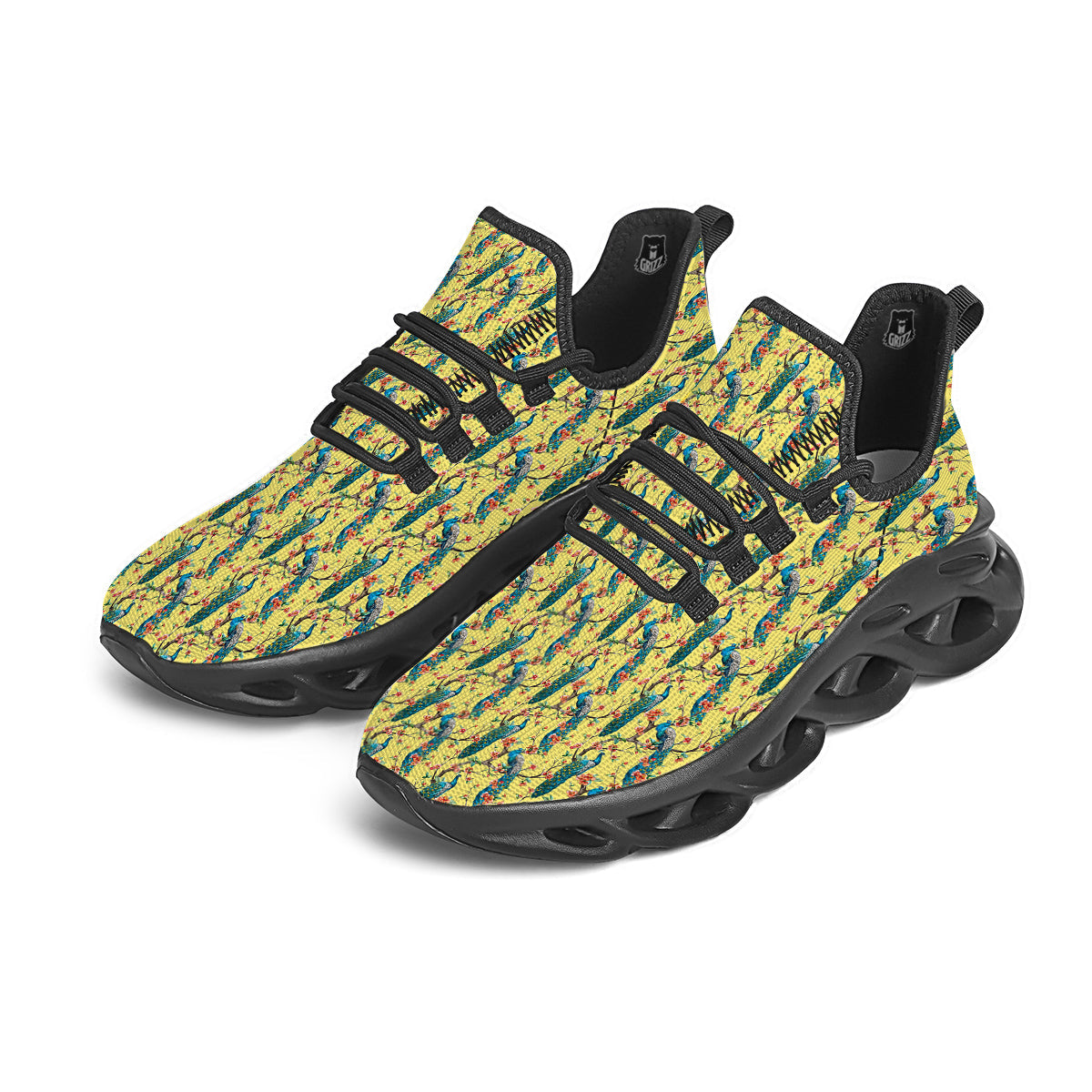 Peacock Cherry Blossom Print Black Running Shoes-grizzshop