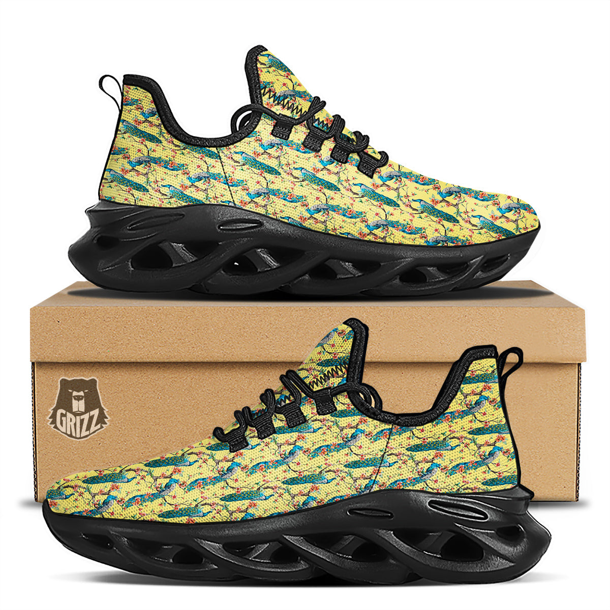 Peacock Cherry Blossom Print Black Running Shoes-grizzshop
