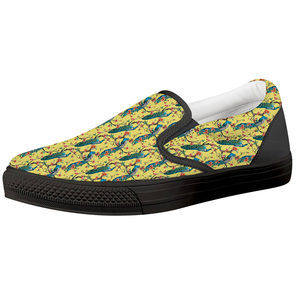 Peacock Cherry Blossom Print Black Slip On Shoes-grizzshop