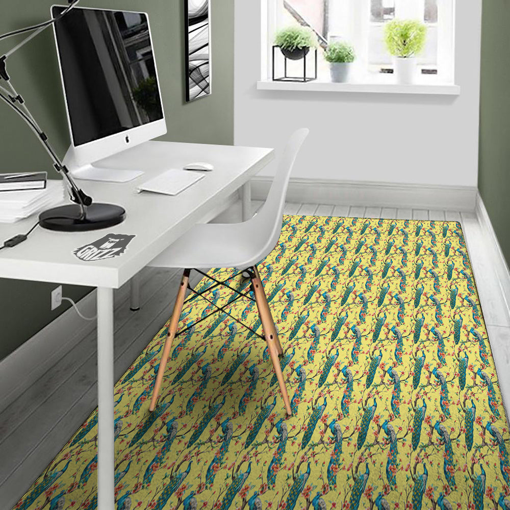 Peacock Cherry Blossom Print Floor Mat-grizzshop
