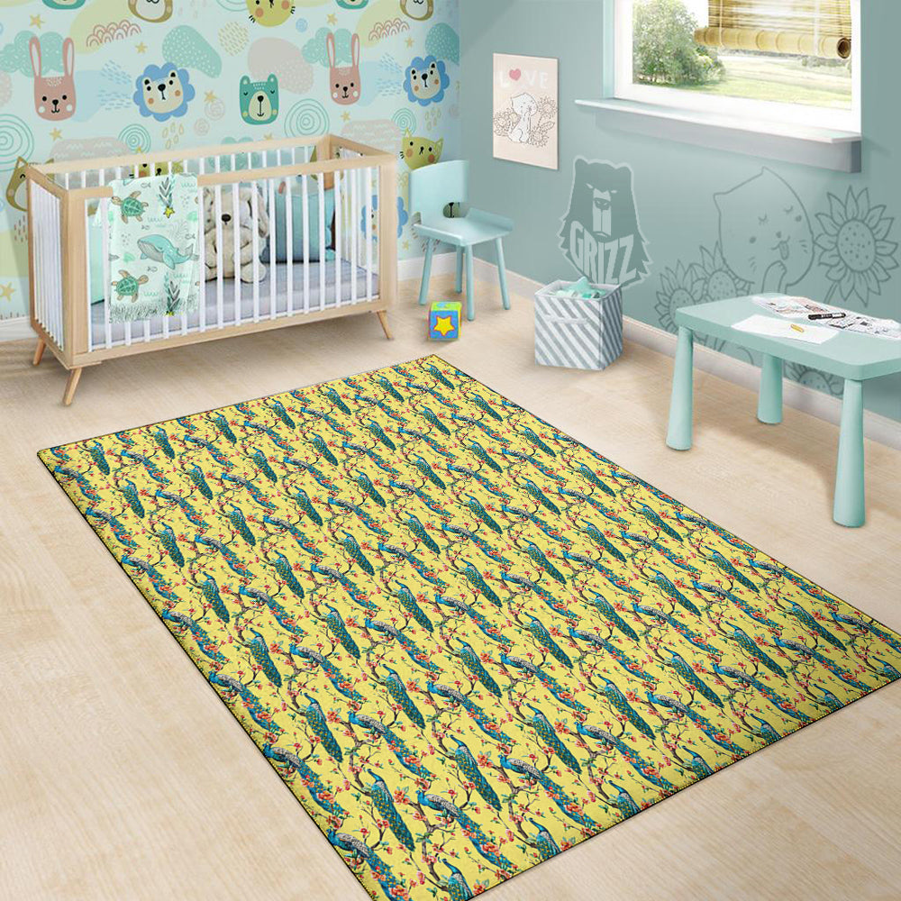 Peacock Cherry Blossom Print Floor Mat-grizzshop