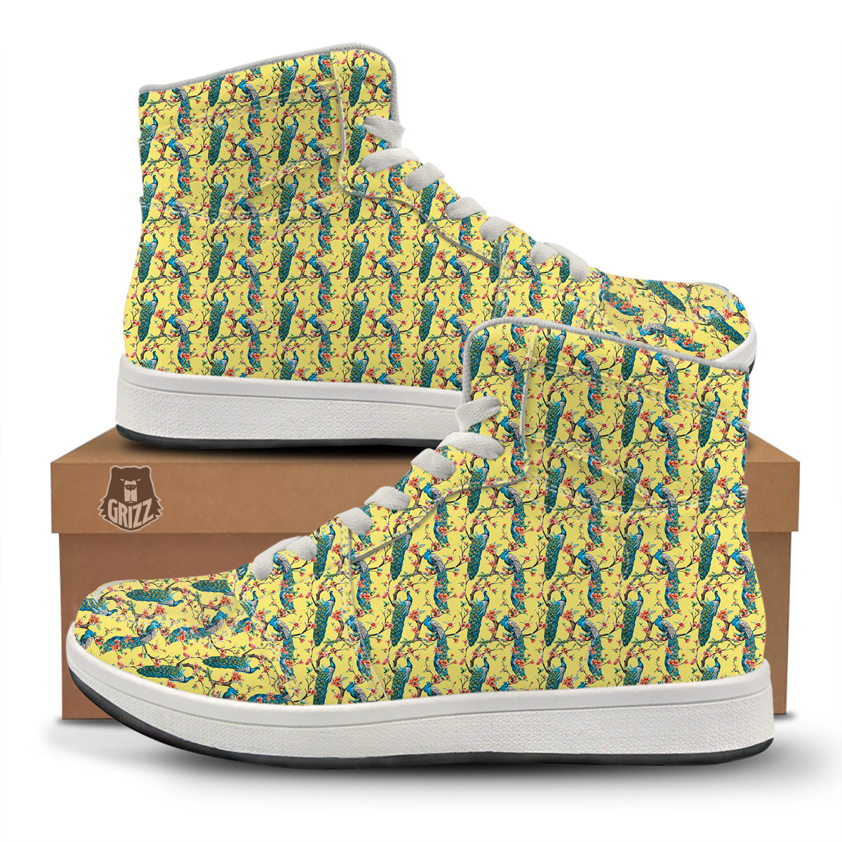 Peacock Cherry Blossom Print High Top Sneakers-grizzshop