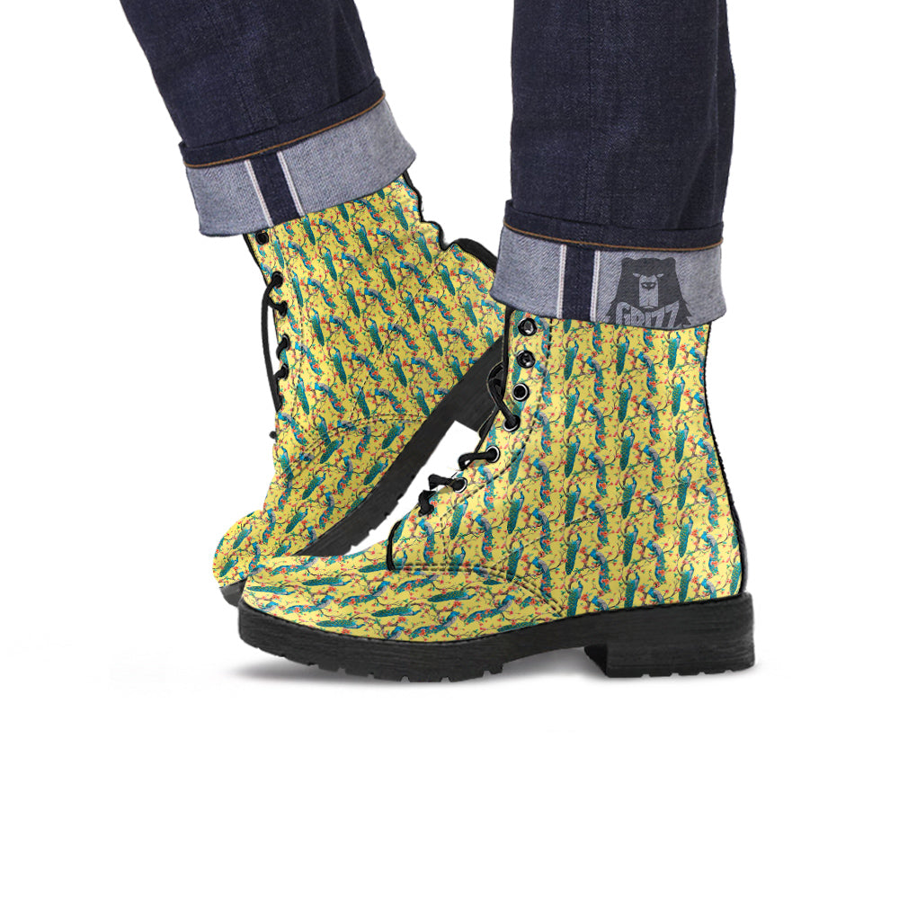 Peacock Cherry Blossom Print Leather Boots-grizzshop