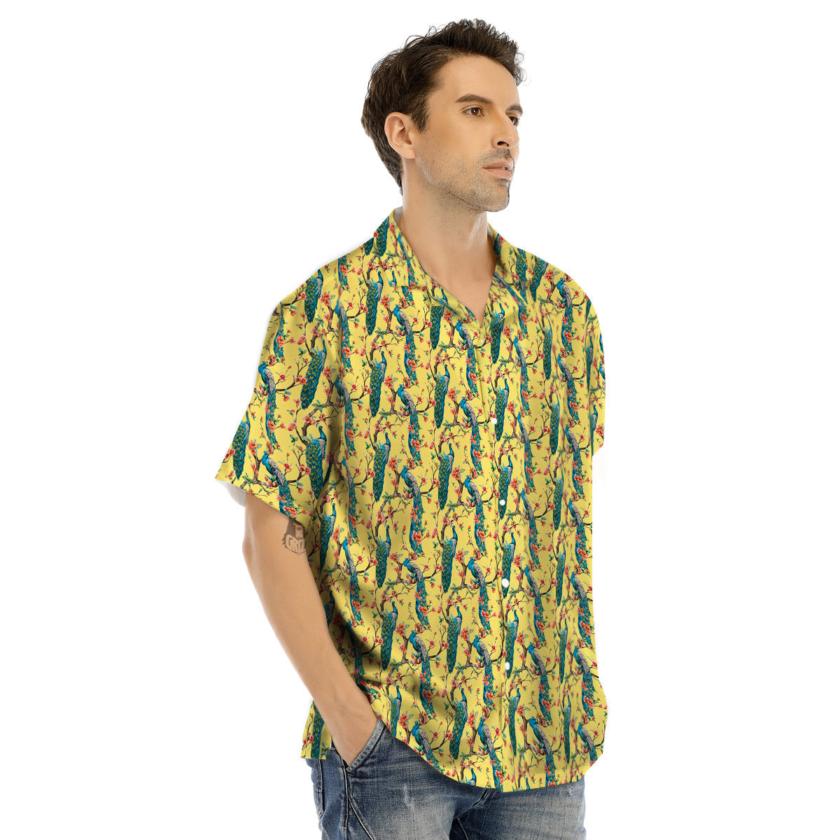 Peacock Cherry Blossom Print Men's Hawaiian Shirt-grizzshop