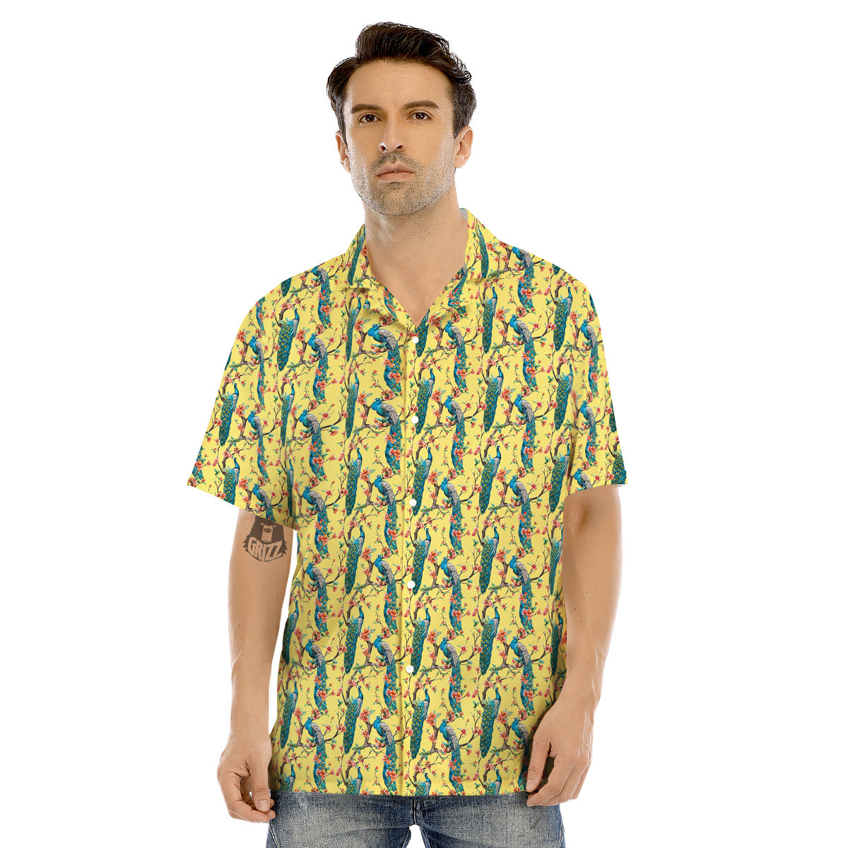 Peacock Cherry Blossom Print Men's Hawaiian Shirt-grizzshop