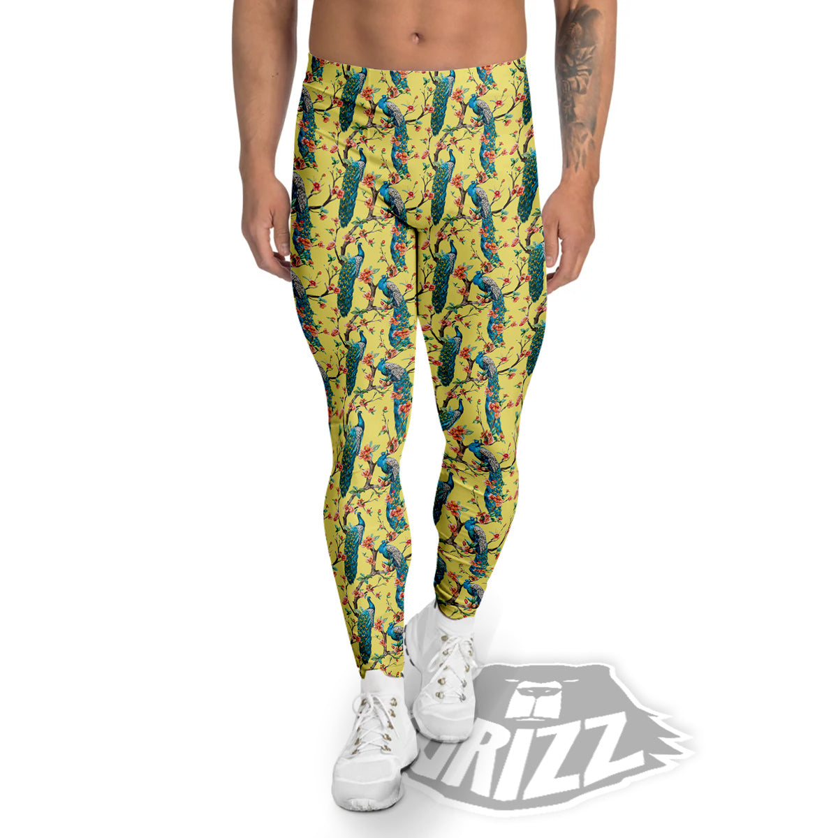 Peacock Cherry Blossom Print Men's Leggings-grizzshop
