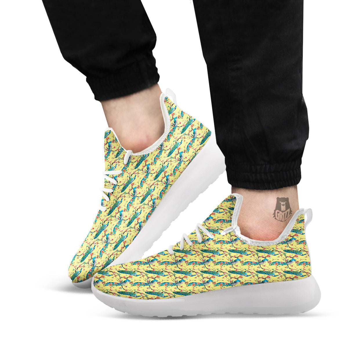 Peacock Cherry Blossom Print White Athletic Shoes-grizzshop