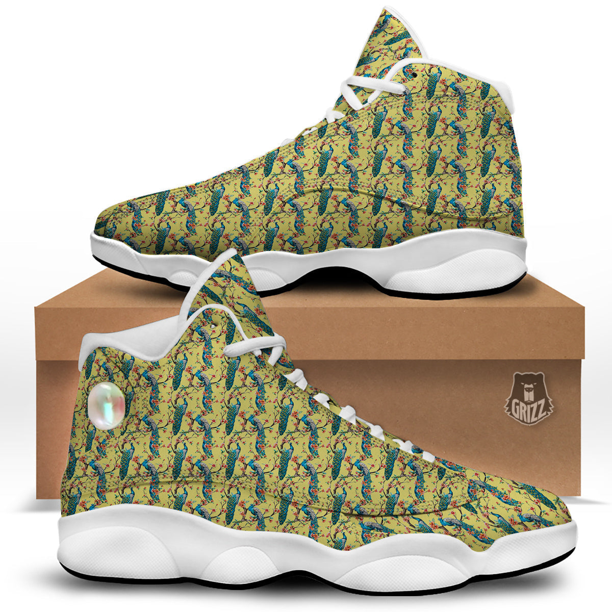 Peacock Cherry Blossom Print White Basketball Shoes-grizzshop