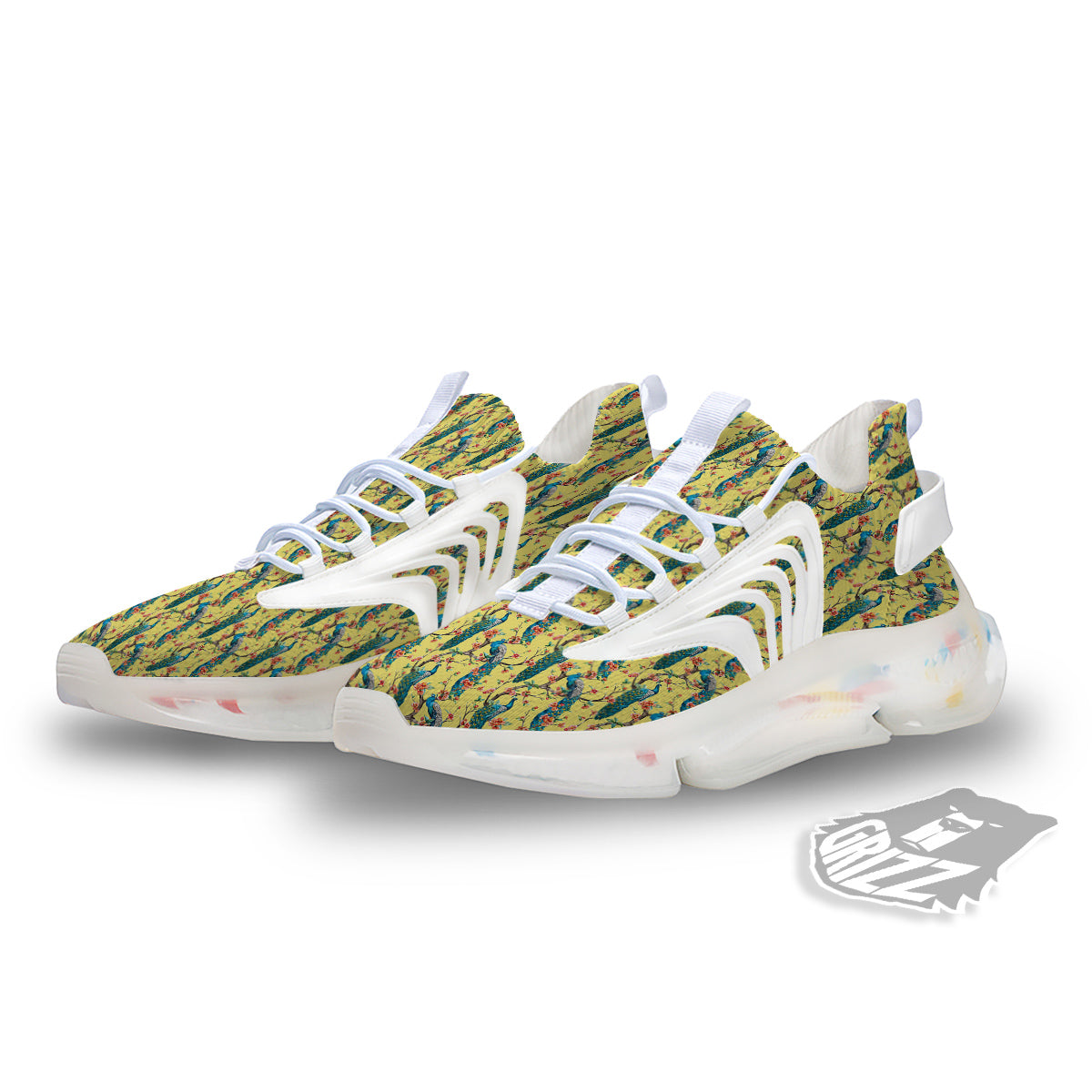Peacock Cherry Blossom Print White Gym Shoes-grizzshop
