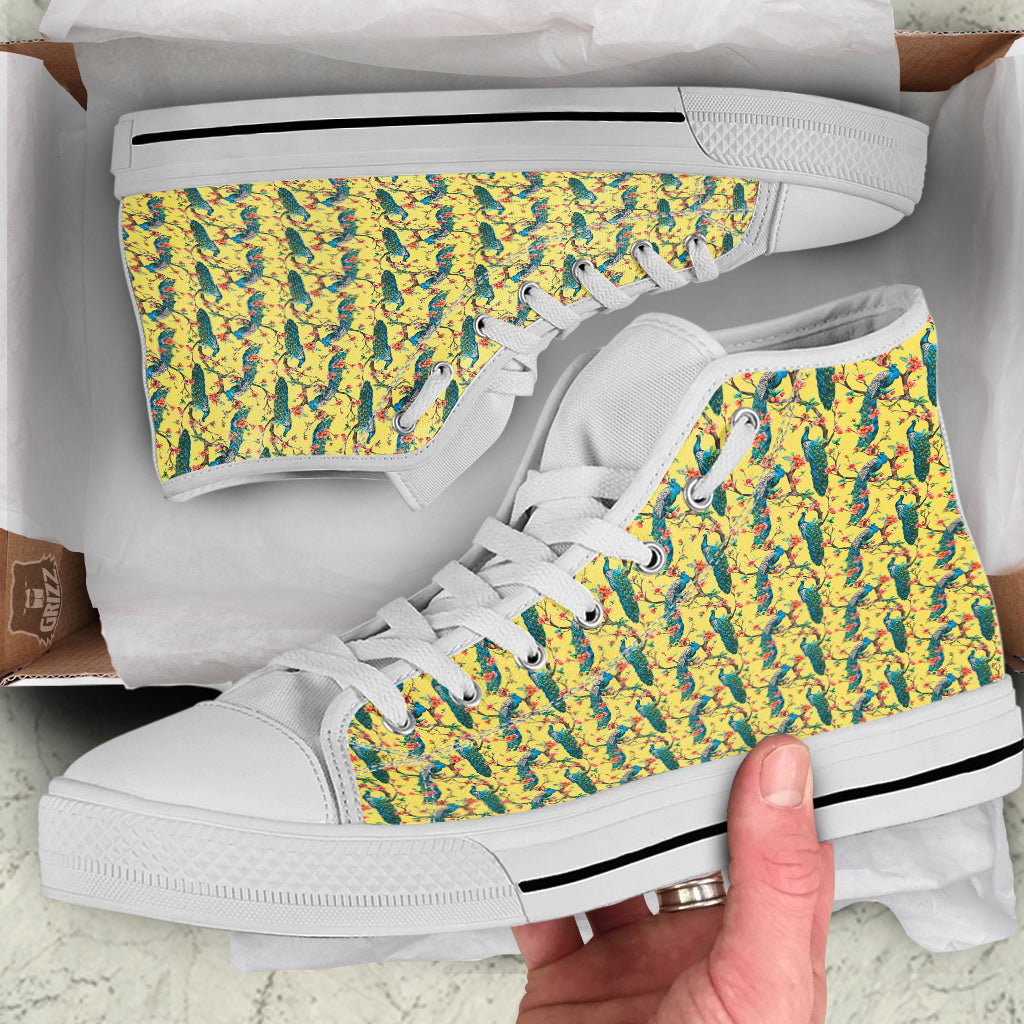 Peacock Cherry Blossom Print White High Top Shoes-grizzshop