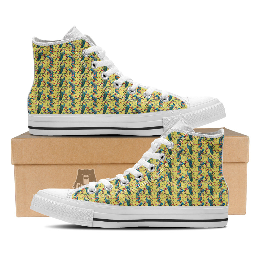 Peacock Cherry Blossom Print White High Top Shoes-grizzshop