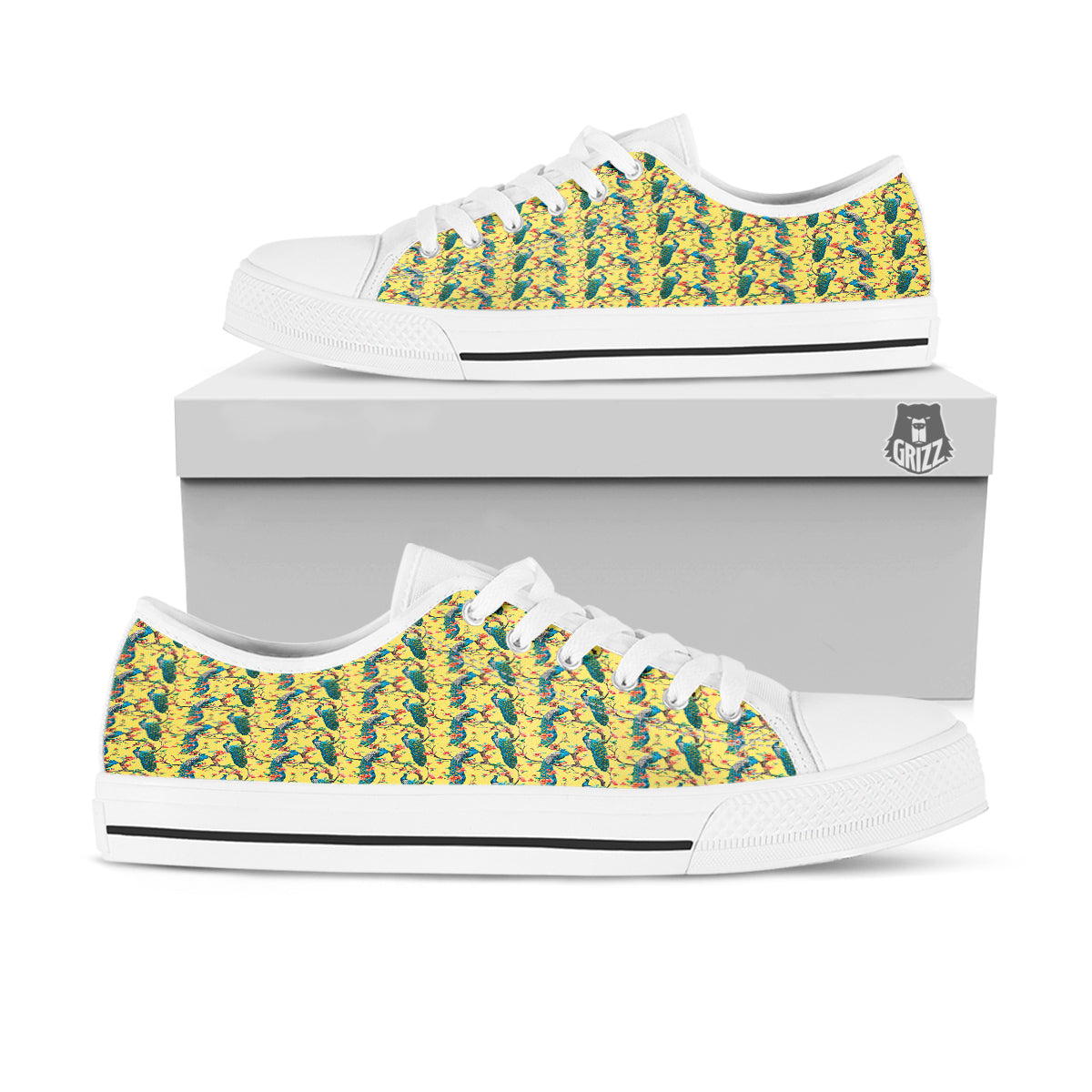 Peacock Cherry Blossom Print White Low Top Shoes-grizzshop