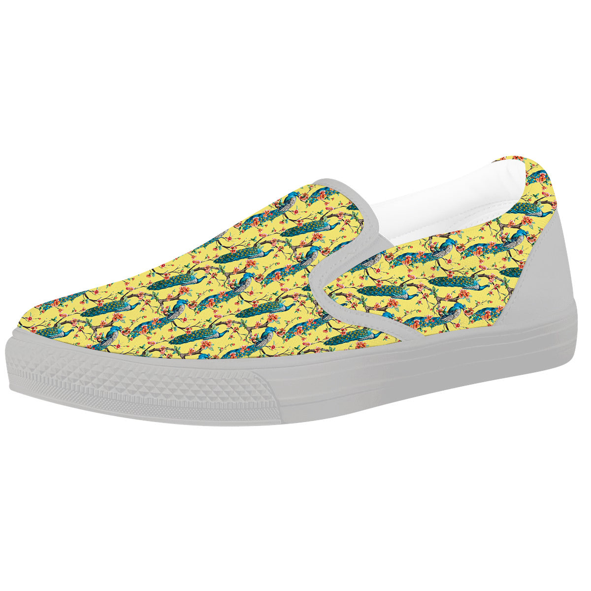 Peacock Cherry Blossom Print White Slip On Shoes-grizzshop