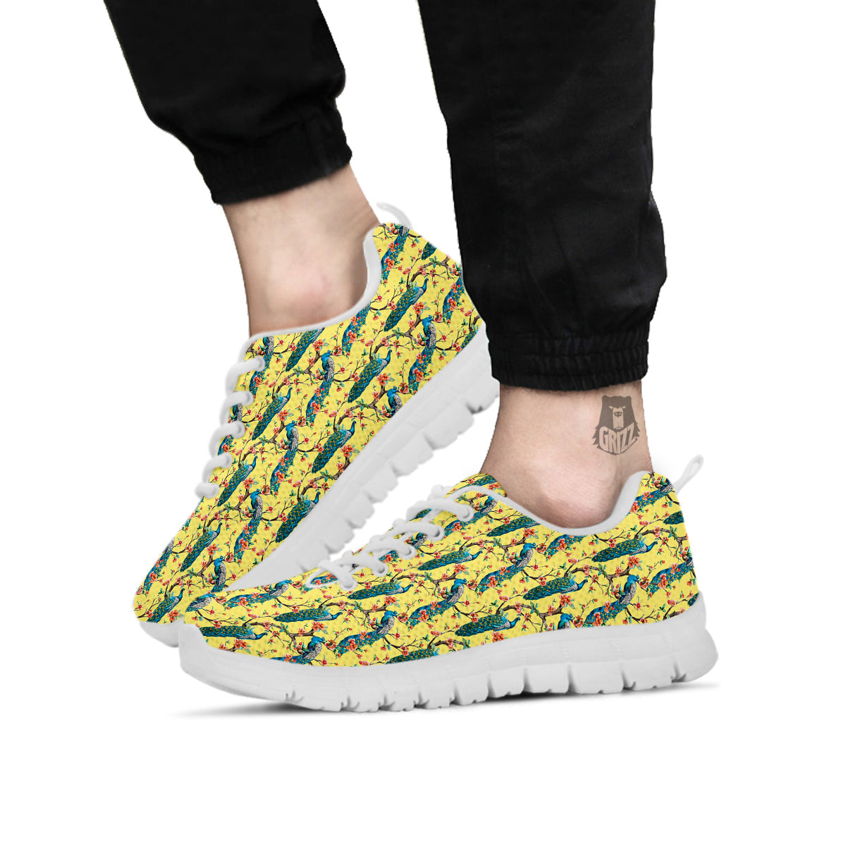 Peacock Cherry Blossom Print White Sneaker-grizzshop