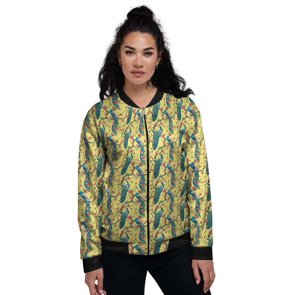Peacock Cherry Blossom Print Women's Bomber Jacket-grizzshop