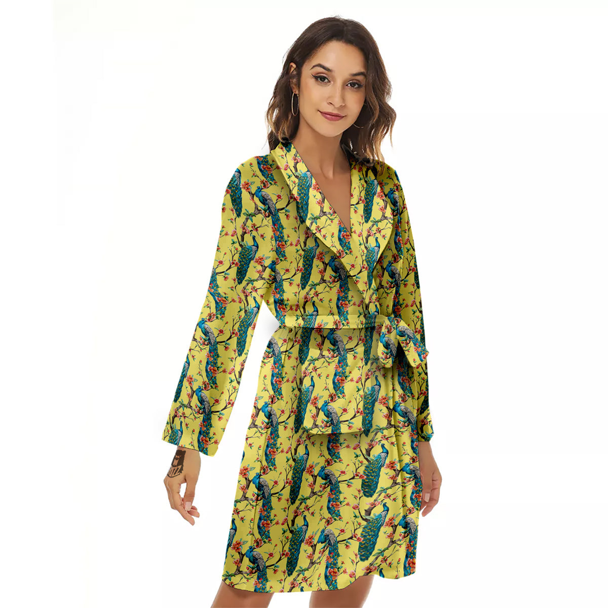 Peacock Cherry Blossom Print Women's Robe-grizzshop