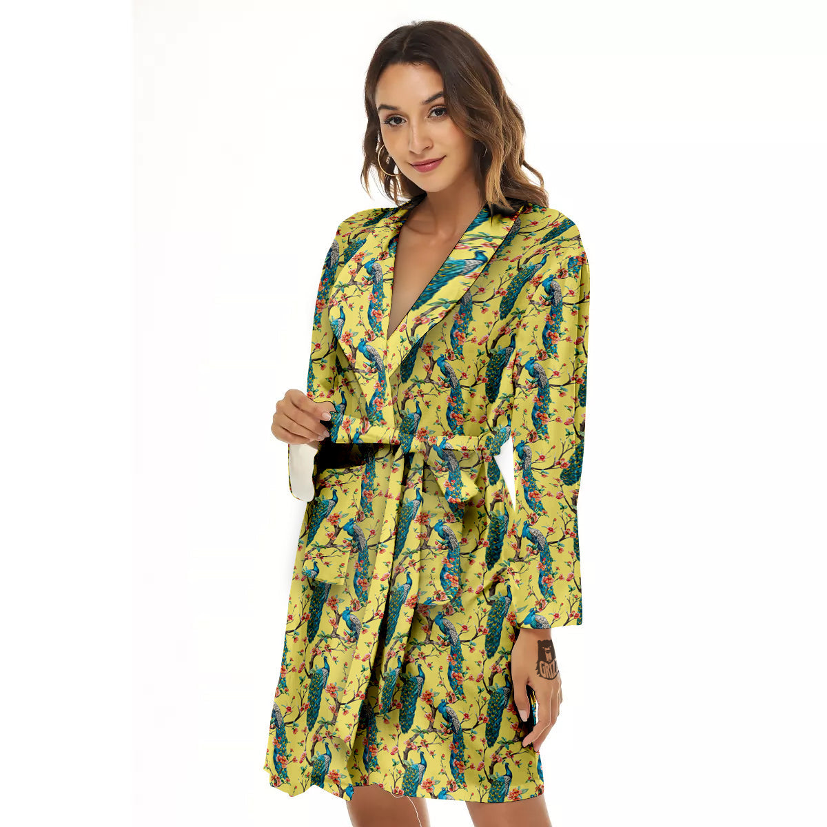 Peacock Cherry Blossom Print Women's Robe-grizzshop