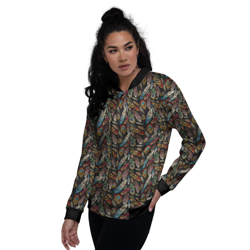 Peacock Embroidery Print Pattern Women's Bomber Jacket-grizzshop