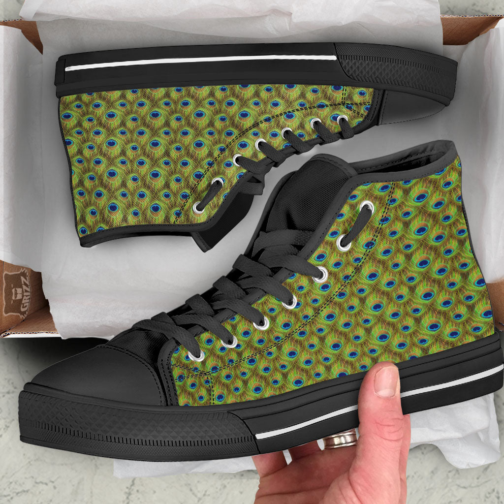 Peacock Feather Boho Print Pattern Black High Top Shoes-grizzshop