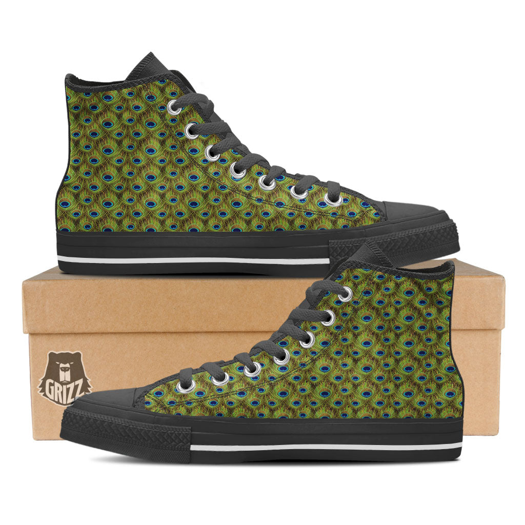 Peacock Feather Boho Print Pattern Black High Top Shoes-grizzshop
