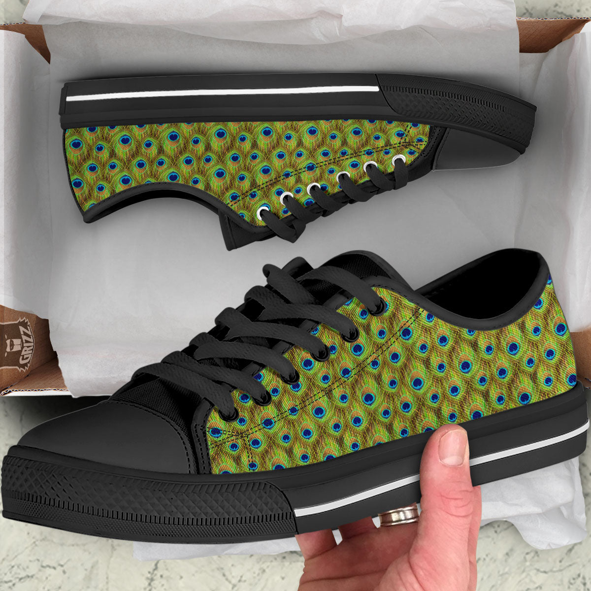 Peacock Feather Boho Print Pattern Black Low Top Shoes-grizzshop