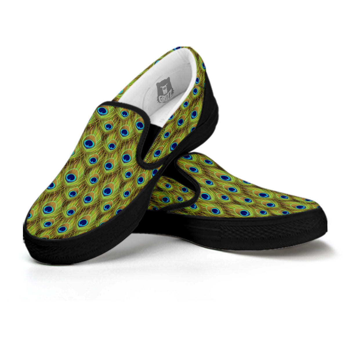 Peacock Feather Boho Print Pattern Black Slip On Shoes-grizzshop