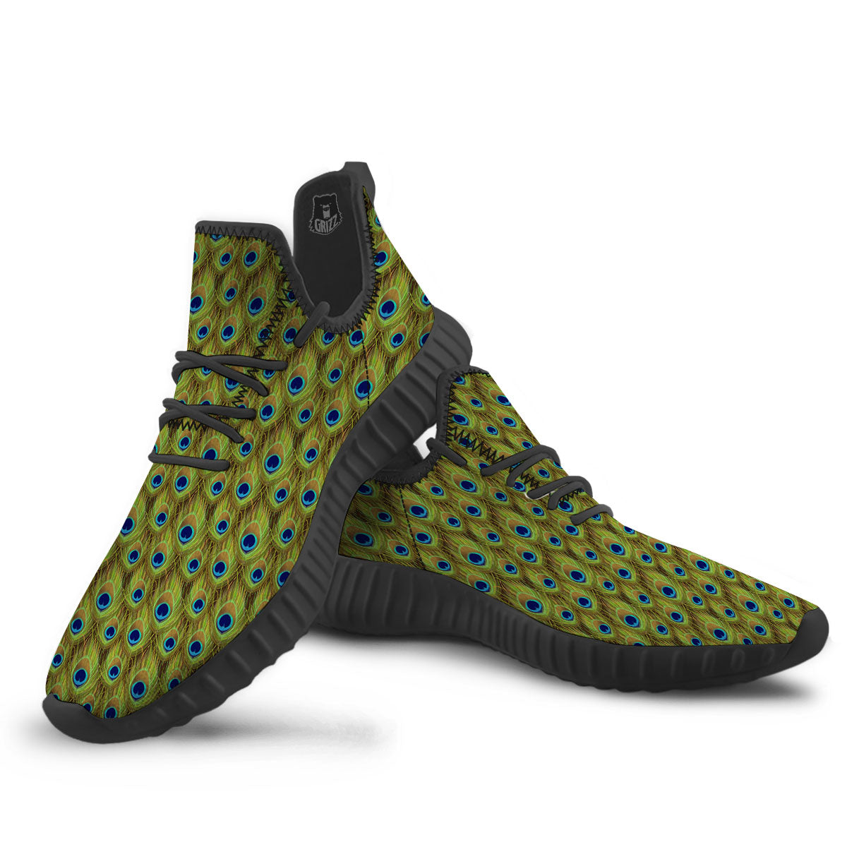 Peacock Feather Boho Print Pattern Black Walking Shoes-grizzshop