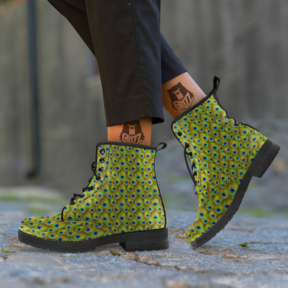 Peacock Feather Boho Print Pattern Leather Boots-grizzshop