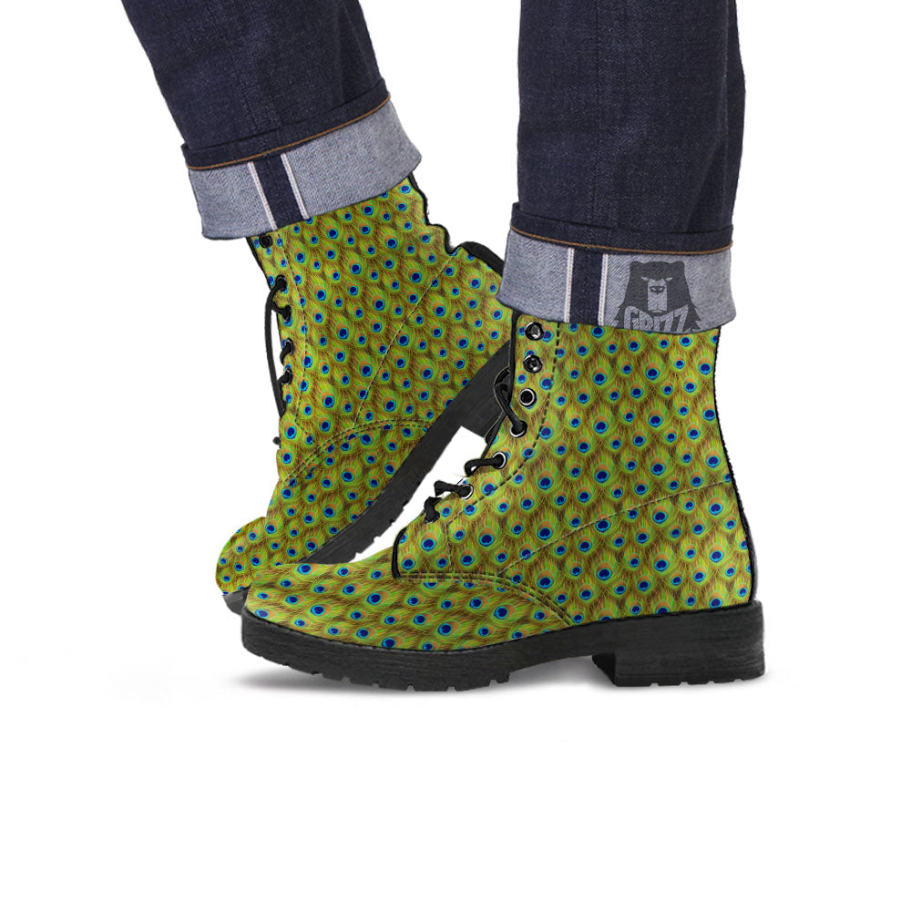 Peacock Feather Boho Print Pattern Leather Boots-grizzshop
