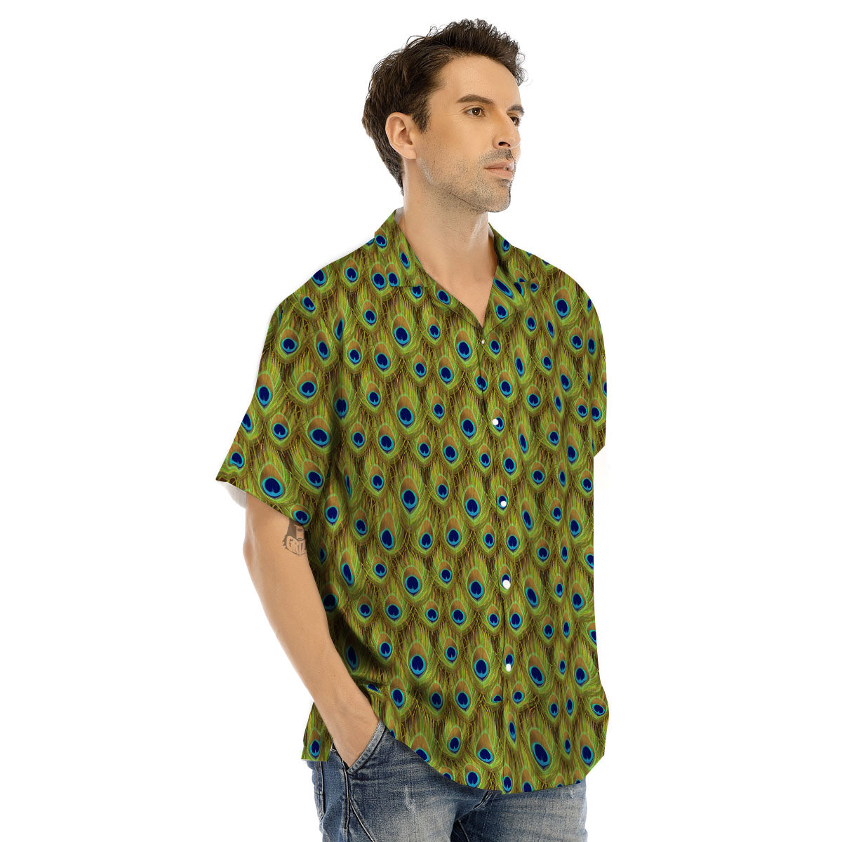 Peacock Feather Boho Print Pattern Men's Hawaiian Shirt-grizzshop