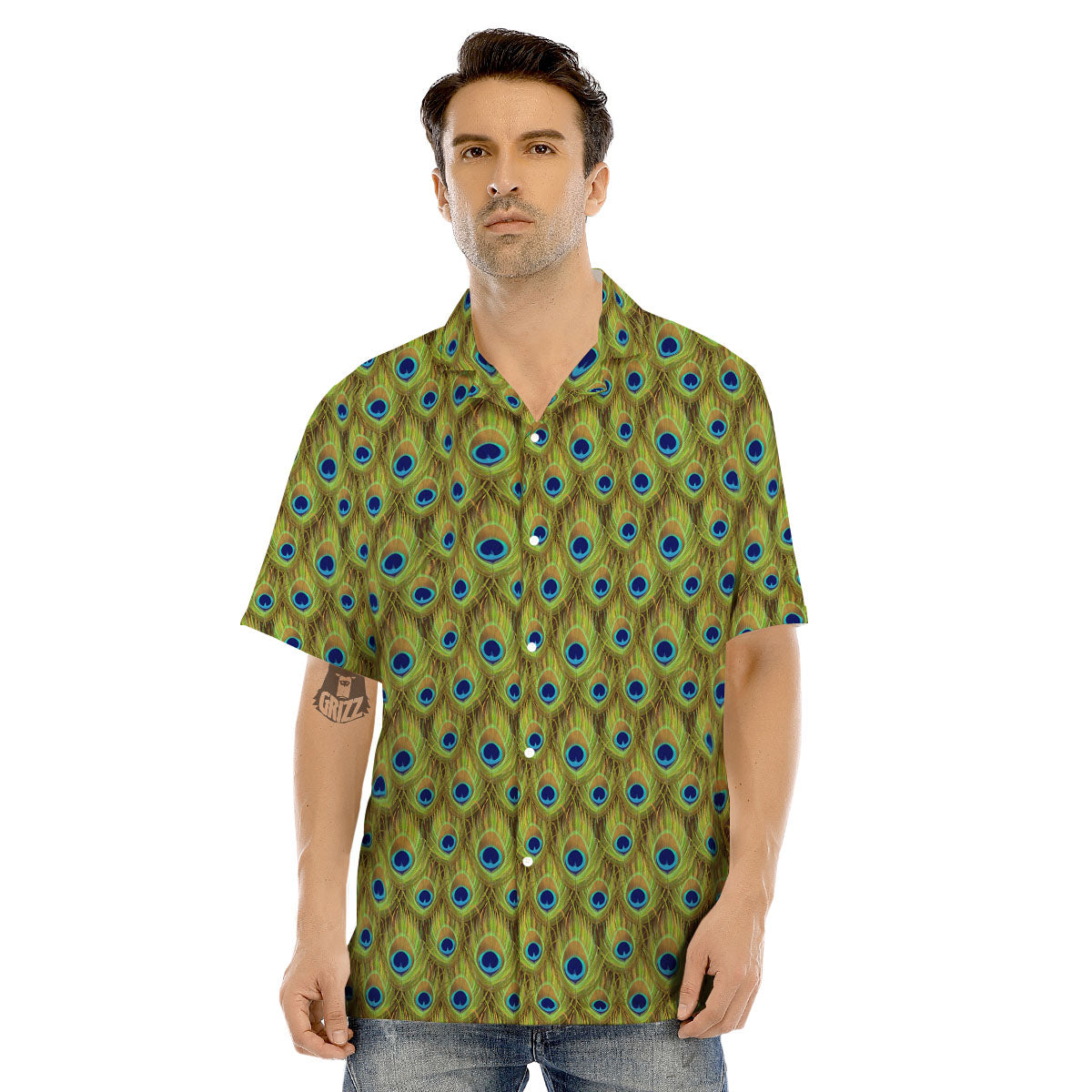 Peacock Feather Boho Print Pattern Men's Hawaiian Shirt-grizzshop