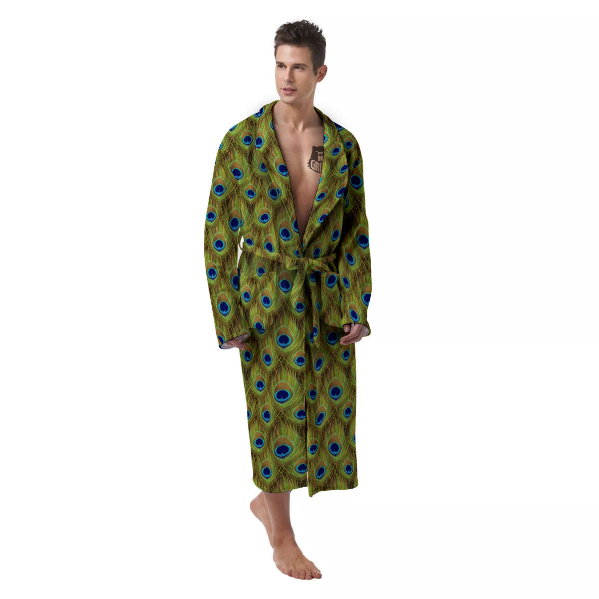 Peacock Feather Boho Print Pattern Men's Robe-grizzshop