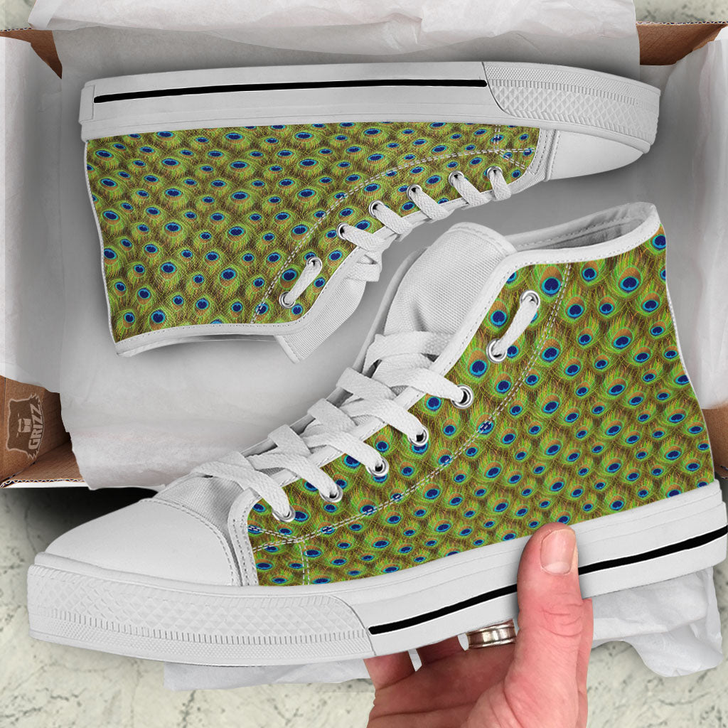 Peacock Feather Boho Print Pattern White High Top Shoes-grizzshop