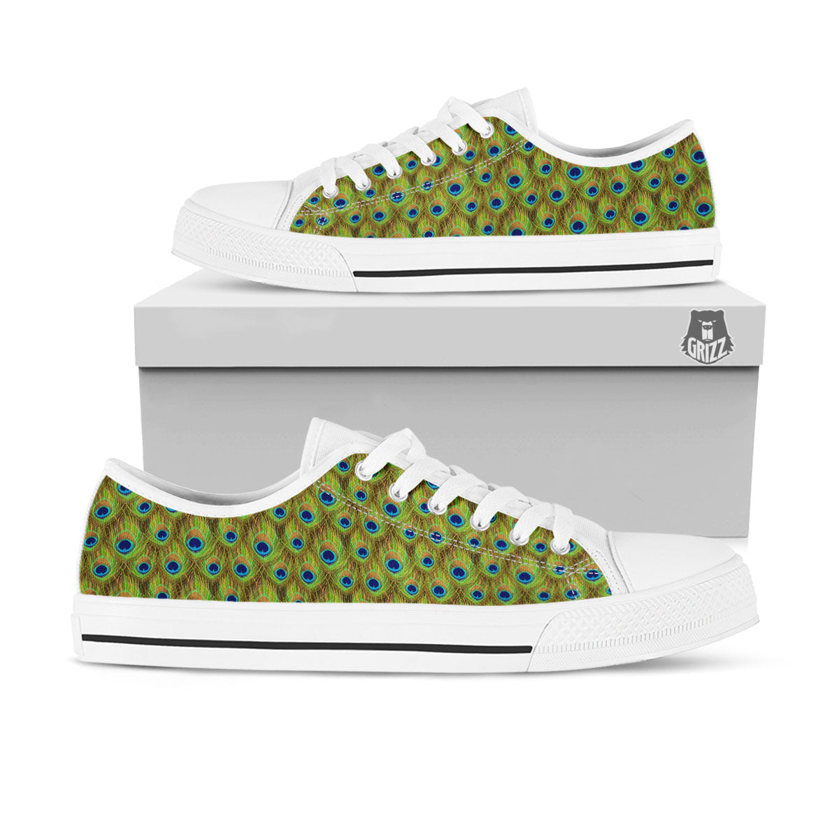 Peacock Feather Boho Print Pattern White Low Top Shoes-grizzshop