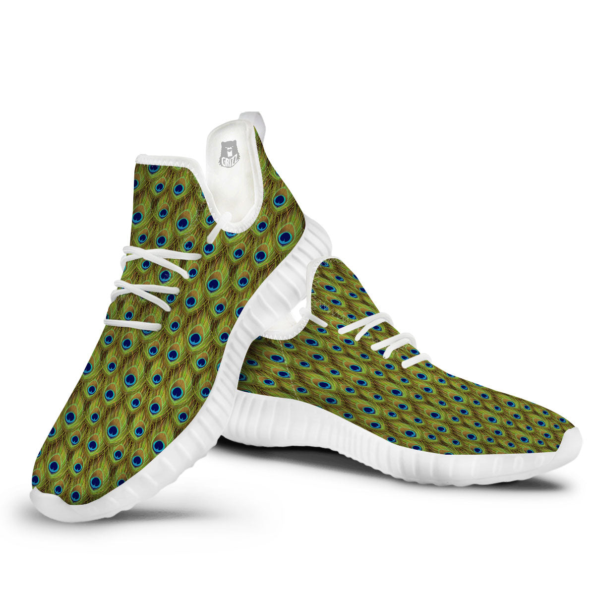 Peacock Feather Boho Print Pattern White Walking Shoes-grizzshop