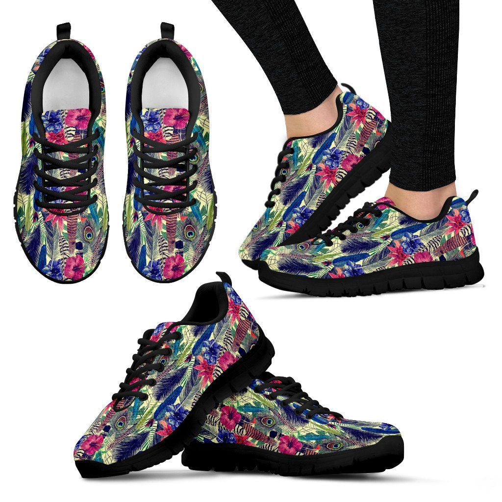 Peacock Feather Floral Pattern Print Black Sneaker Shoes For Men Women-grizzshop