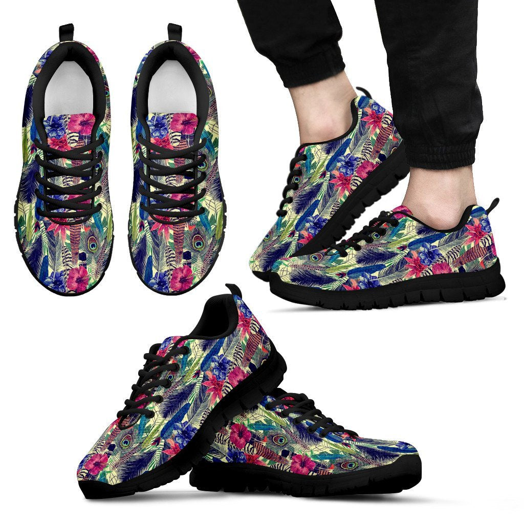 Peacock Feather Floral Pattern Print Black Sneaker Shoes For Men Women-grizzshop