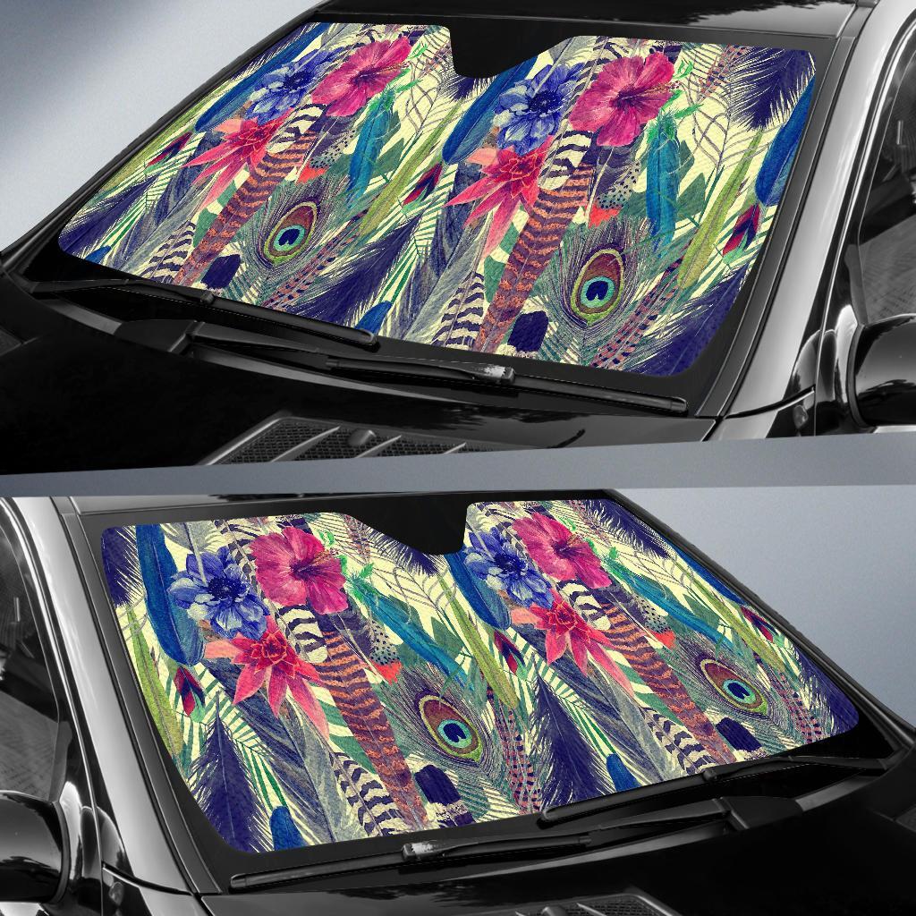 Peacock Feather Floral Pattern Print Car Sun Shade-grizzshop