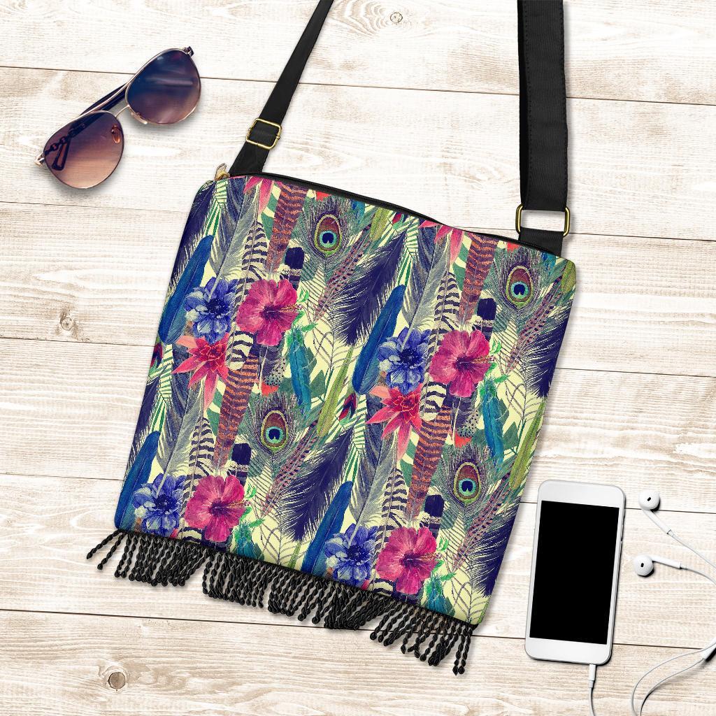 Peacock Feather Floral Pattern Print Crossbody Bags-grizzshop