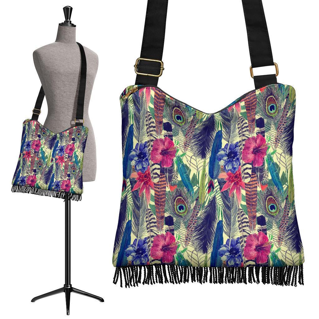 Peacock Feather Floral Pattern Print Crossbody Bags-grizzshop