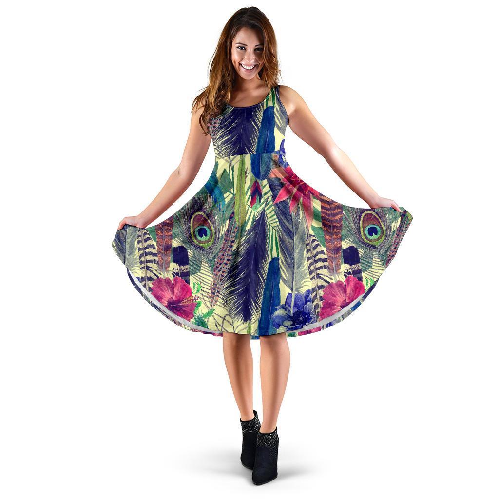 Peacock Feather Floral Pattern Print Dress-grizzshop