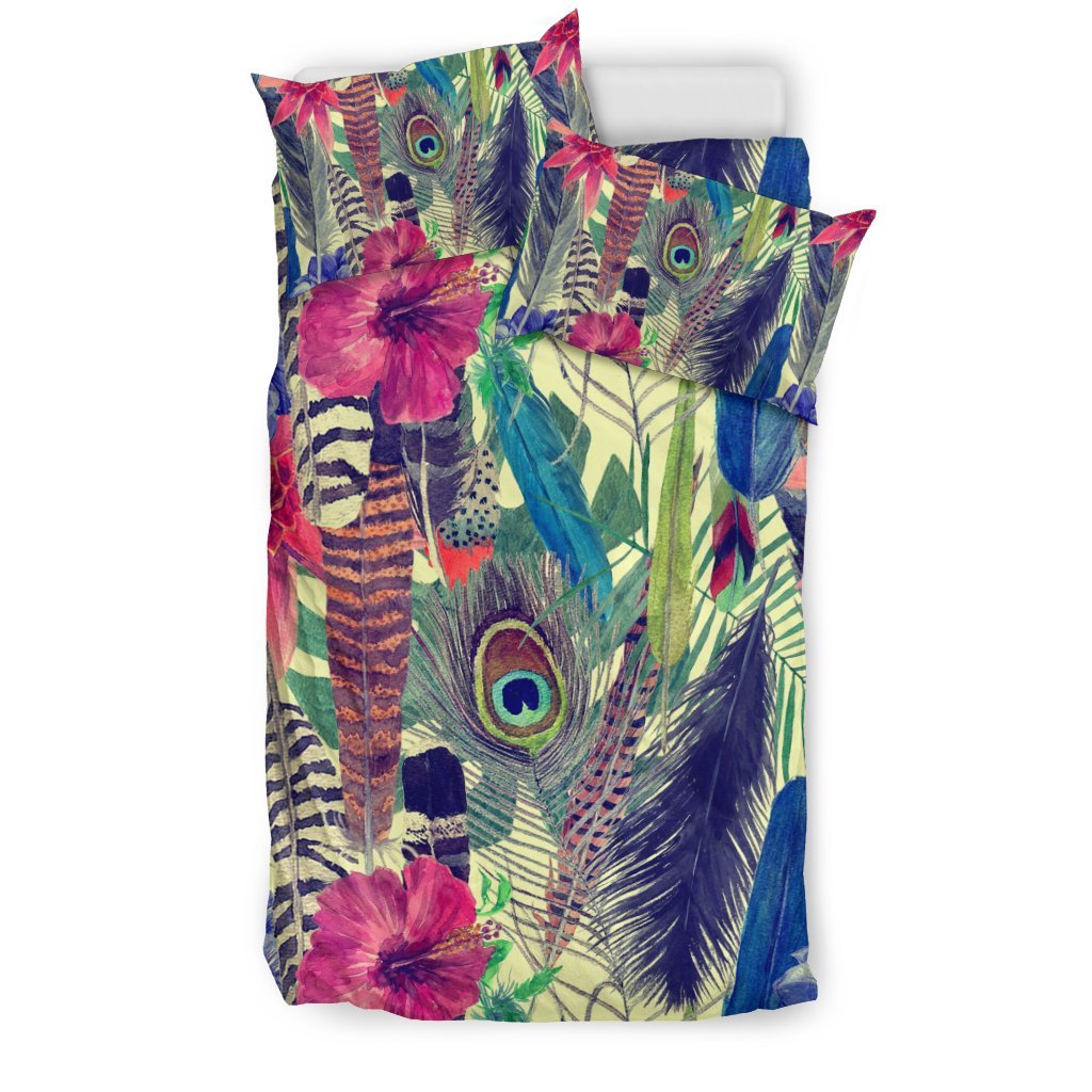 Peacock Feather Floral Pattern Print Duvet Cover Bedding Set-grizzshop