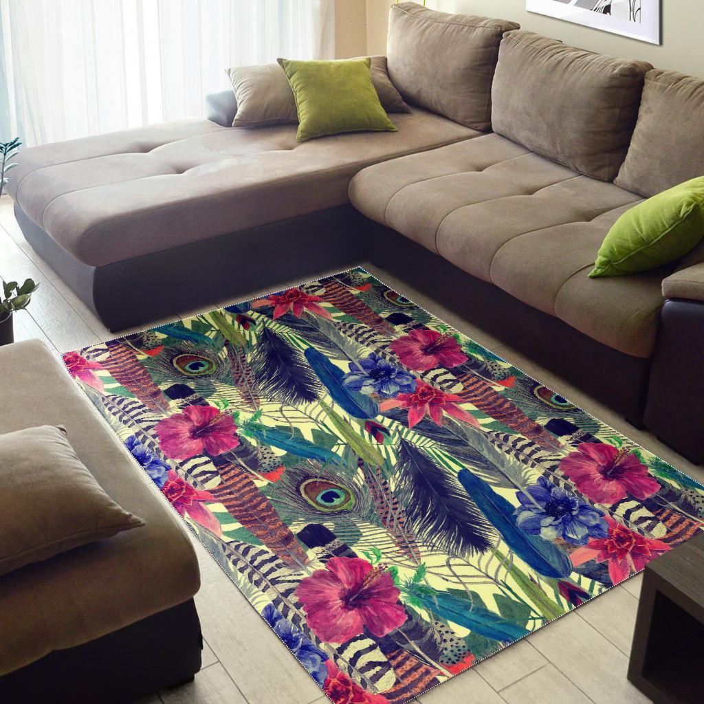 Peacock Feather Floral Pattern Print Floor Mat-grizzshop